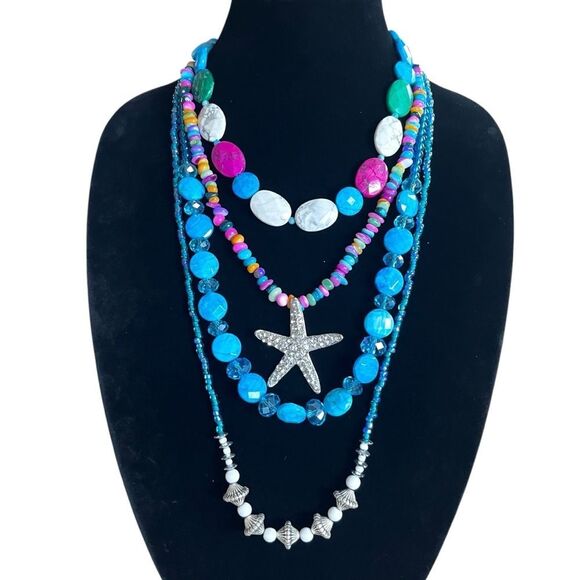 Chunky Multi Strand Gemstone Shell Bead Starfish Necklace - Picture 1 of 5